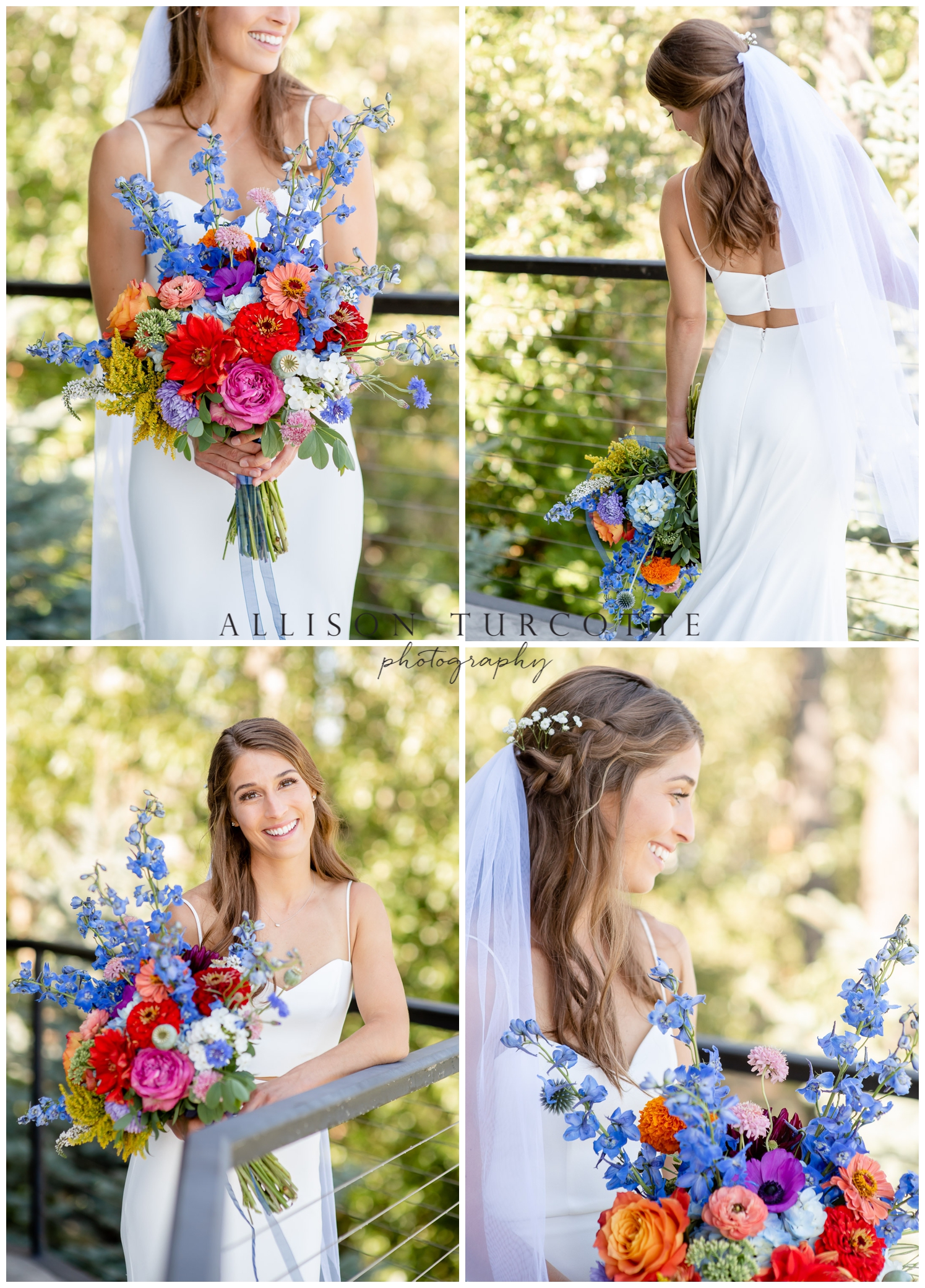 Bride in minimalistic dress and beautiful wildflower bouquet