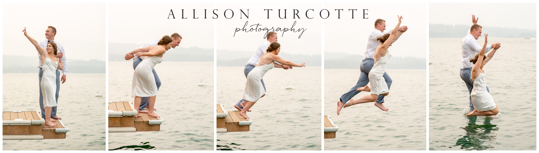 bride and groom Jumping into the water on a hot wedding day in Sandpoint, ID